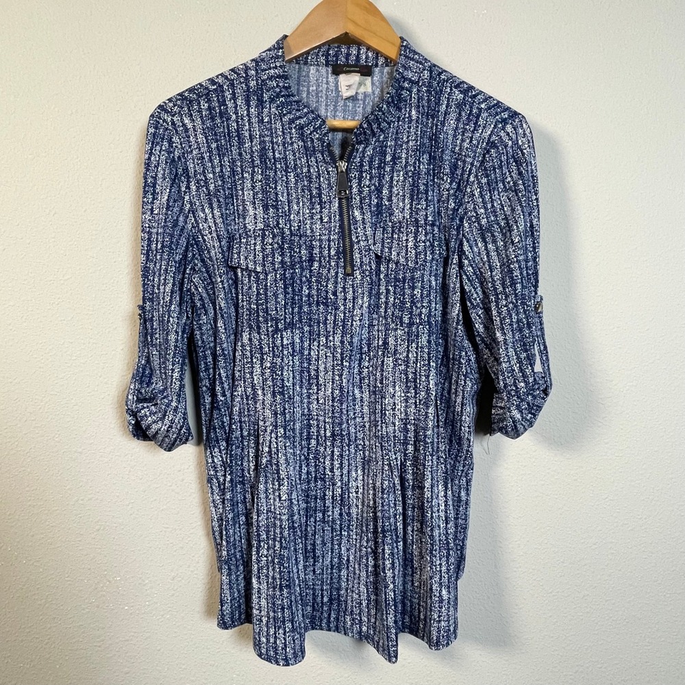 Cocomo Blouse Women XL Blue White Zip Front 3/4 Roll Tab Sleeve Abstract Print